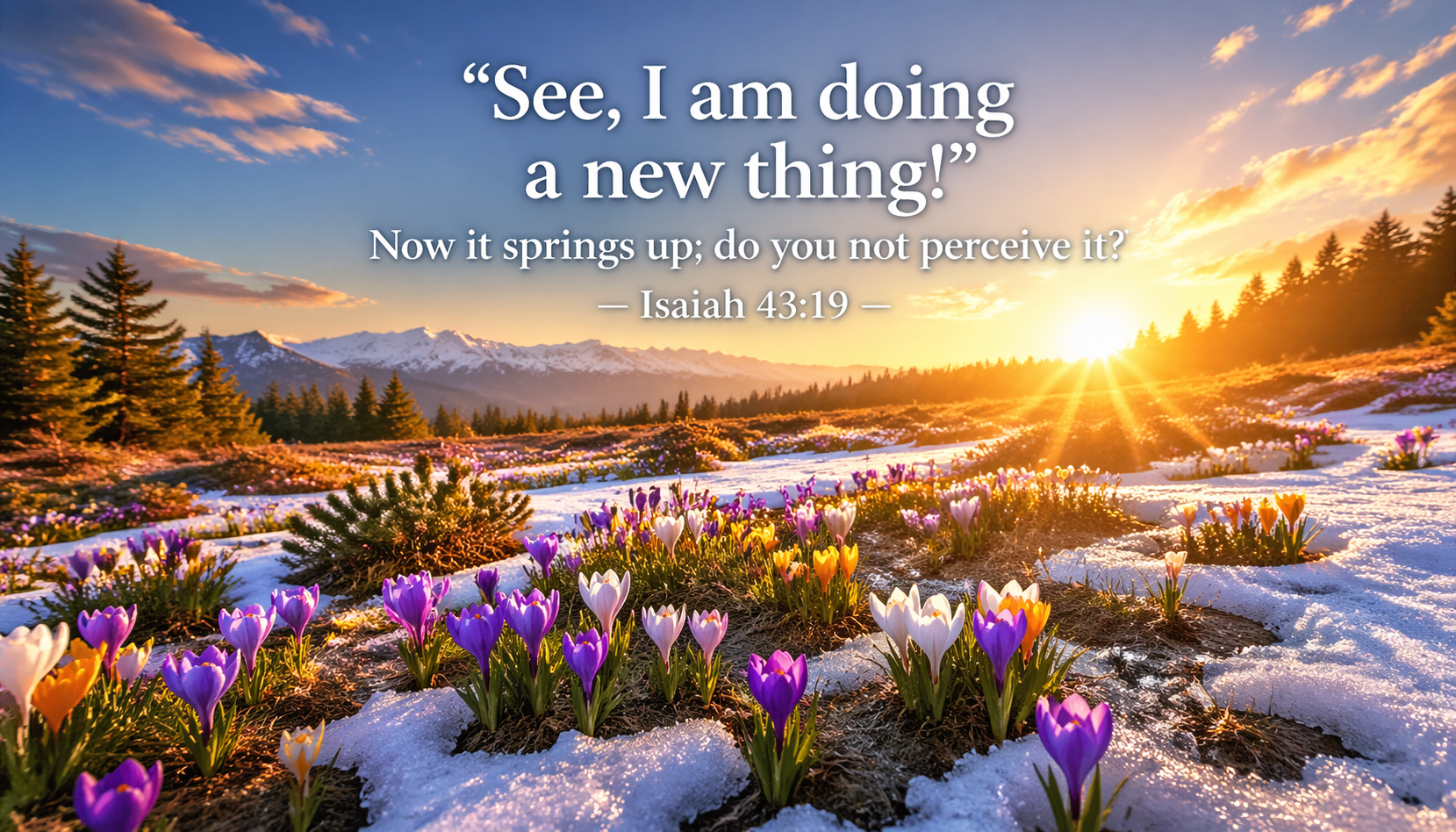 Colorful crocuses bursting into bloom from snow covered ground warm golden sunrise mountains behind -- Isaiah 43:19 new thing wallpaper